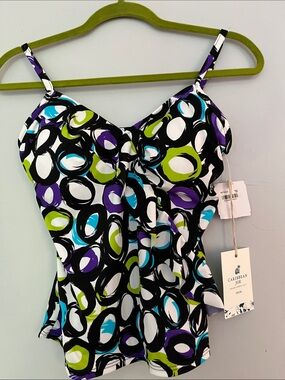 Caribbean Joe Black Tankini Top with Purple, Teal & Lime Ring Print